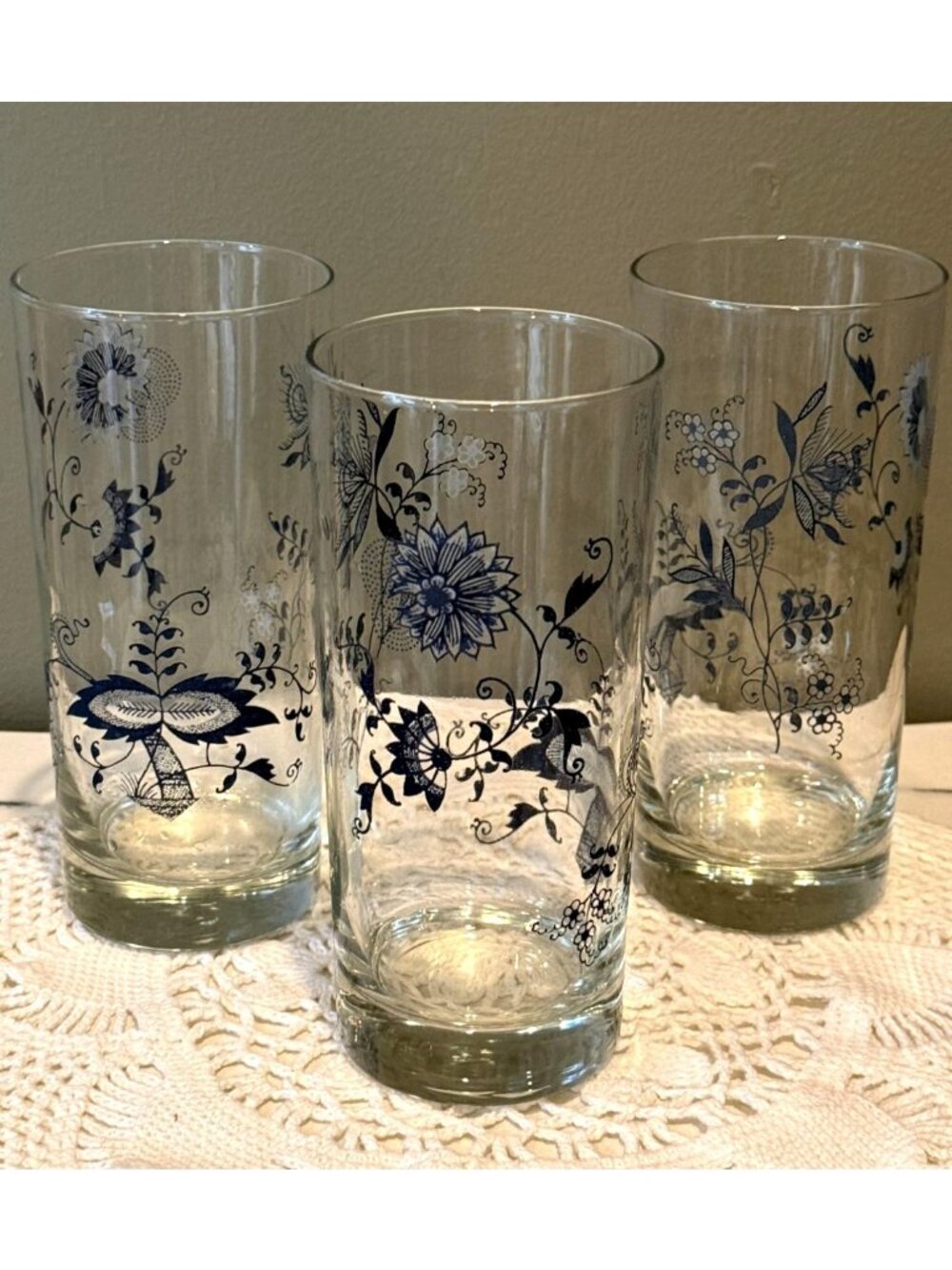 Vintage Blue Danube Highball / Iced Tea Glasses Set of 3 Blue Onion Floral Tumbl